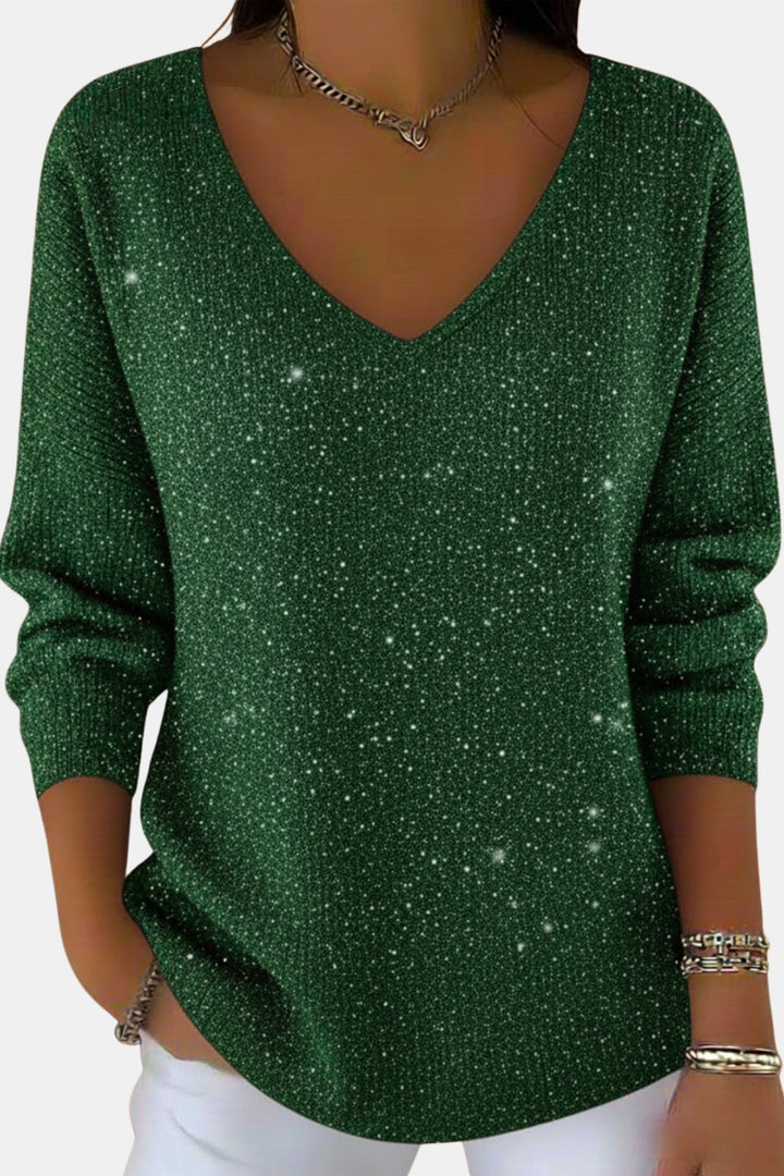 Calynna | Sparkle V Neck Long Sleeve Top