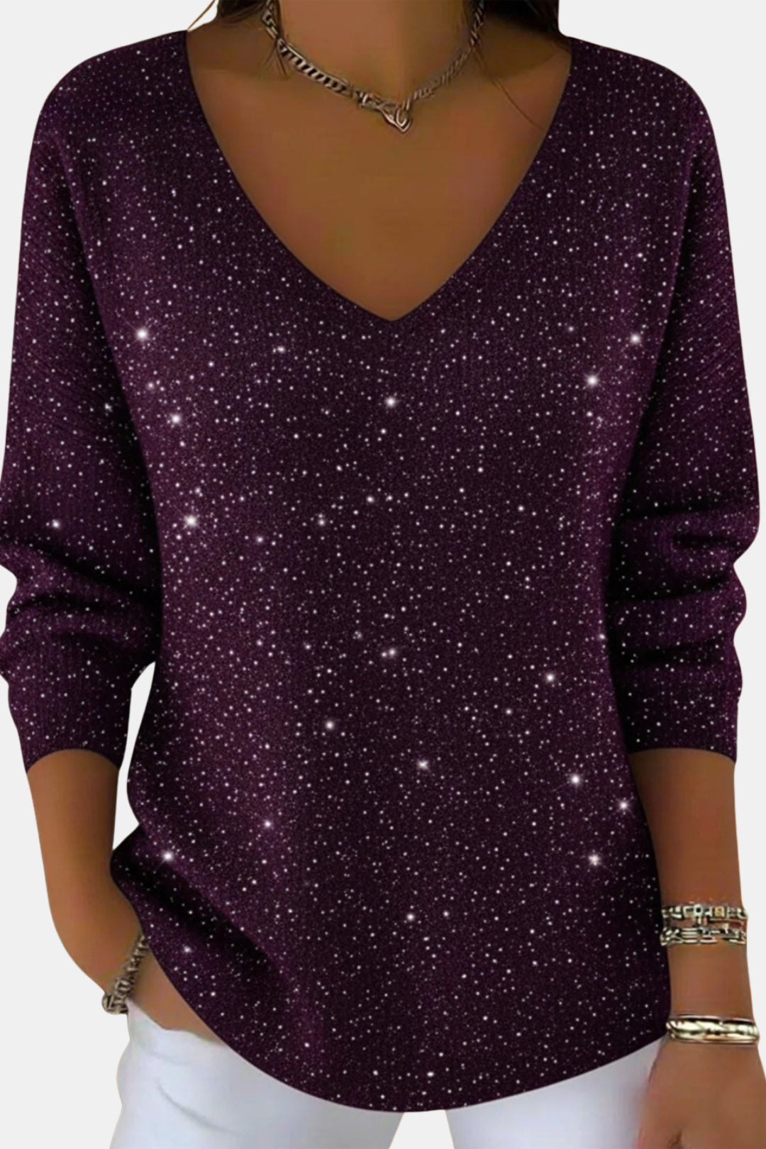 Calynna | Sparkle V Neck Long Sleeve Top