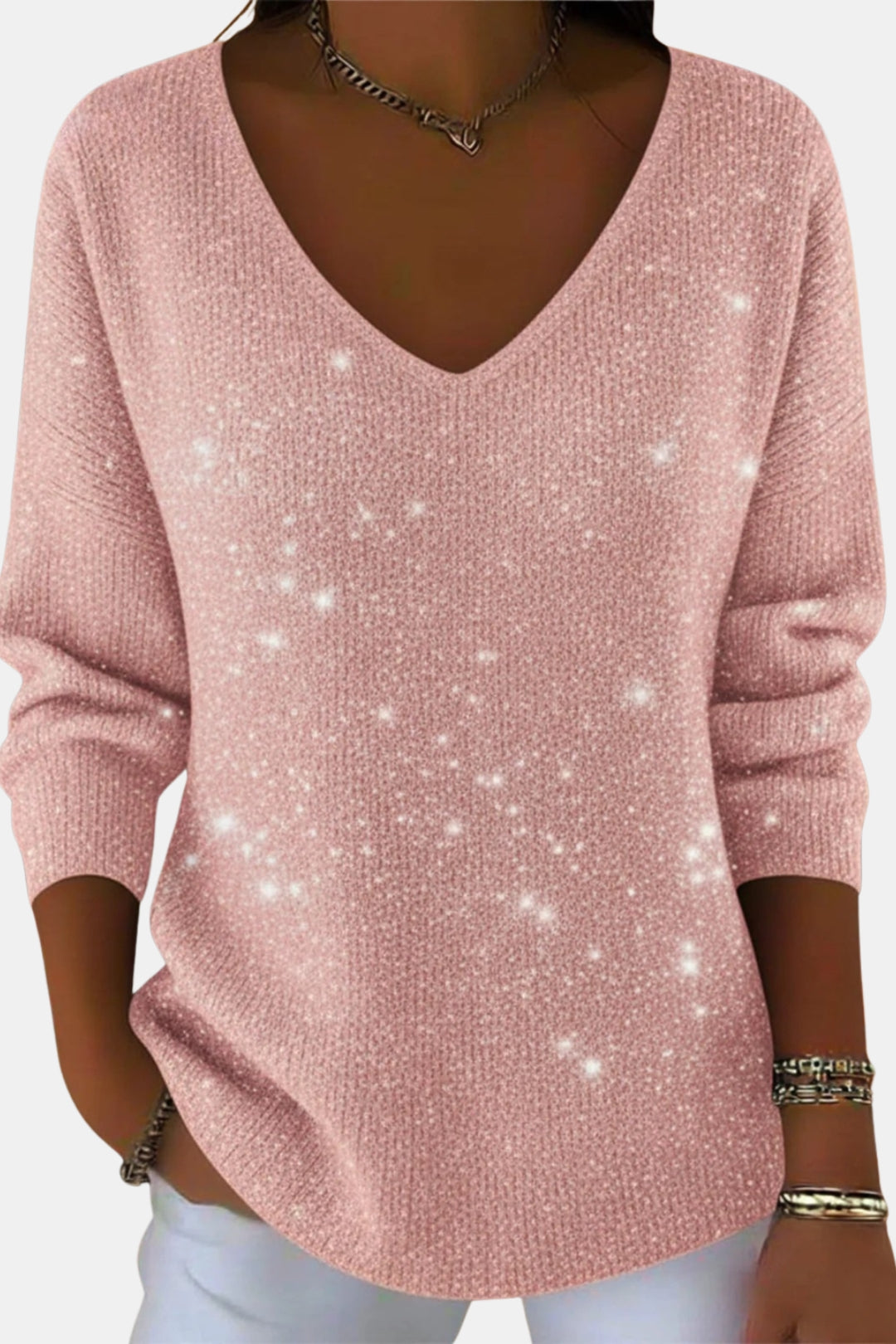 Calynna | Sparkle V Neck Long Sleeve Top
