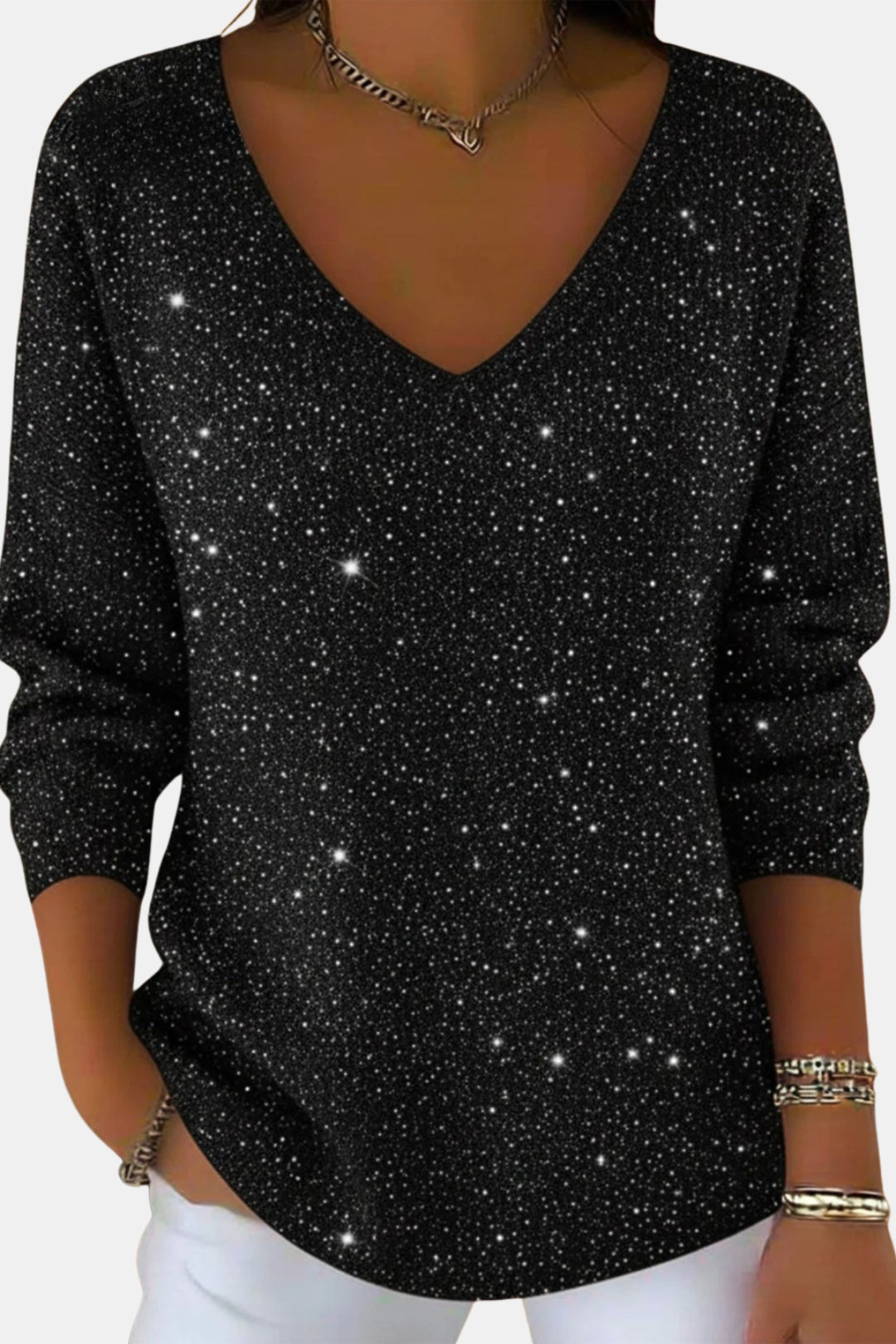 Calynna | Sparkle V Neck Long Sleeve Top