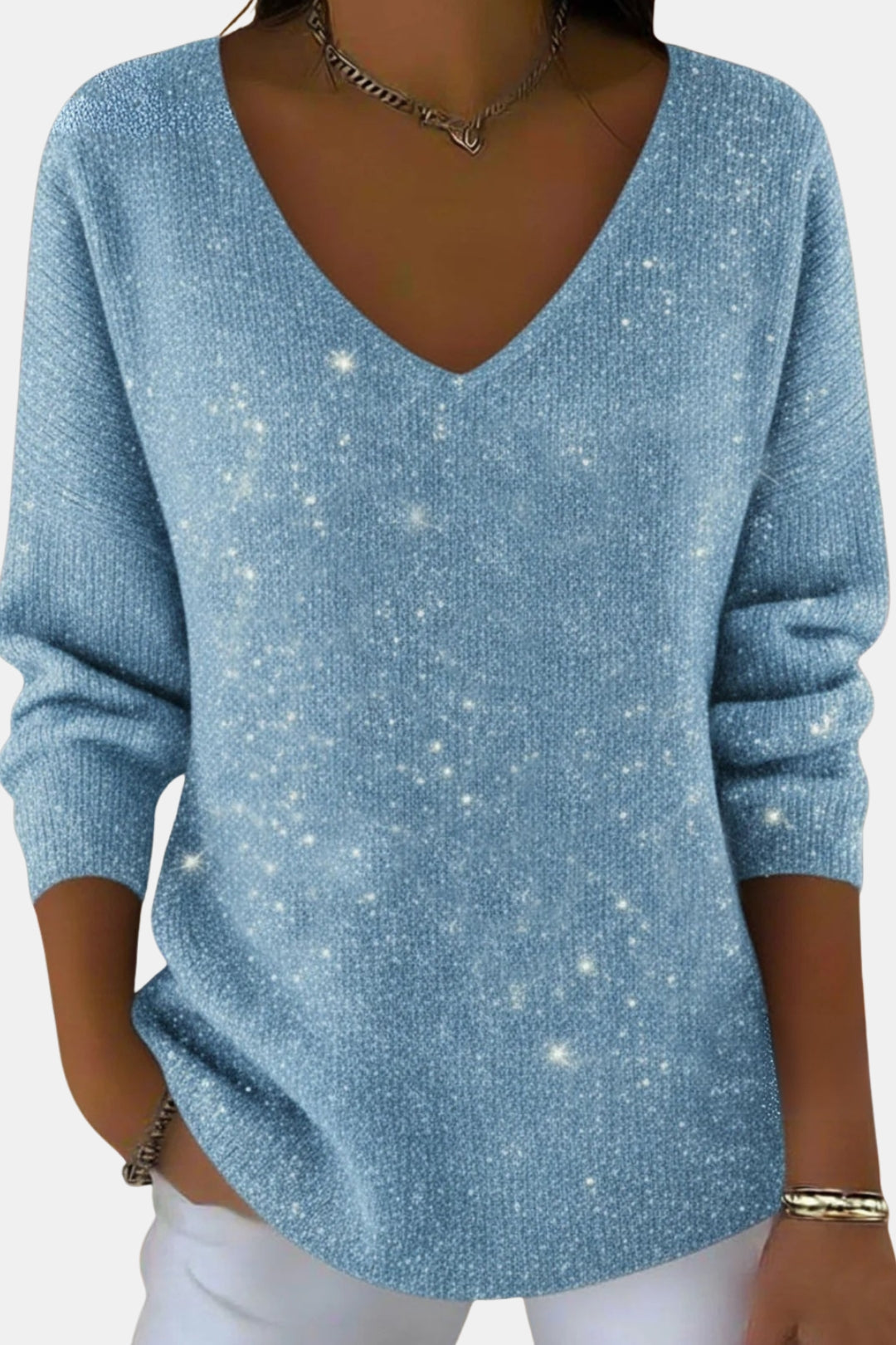 Calynna | Sparkle V Neck Long Sleeve Top