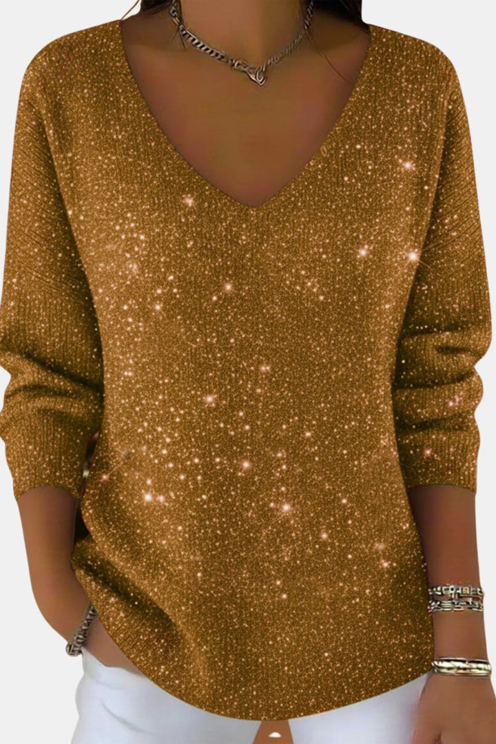 Calynna | Sparkle V Neck Long Sleeve Top