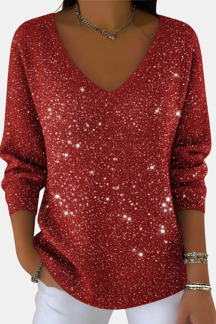 Calynna | Sparkle V Neck Long Sleeve Top