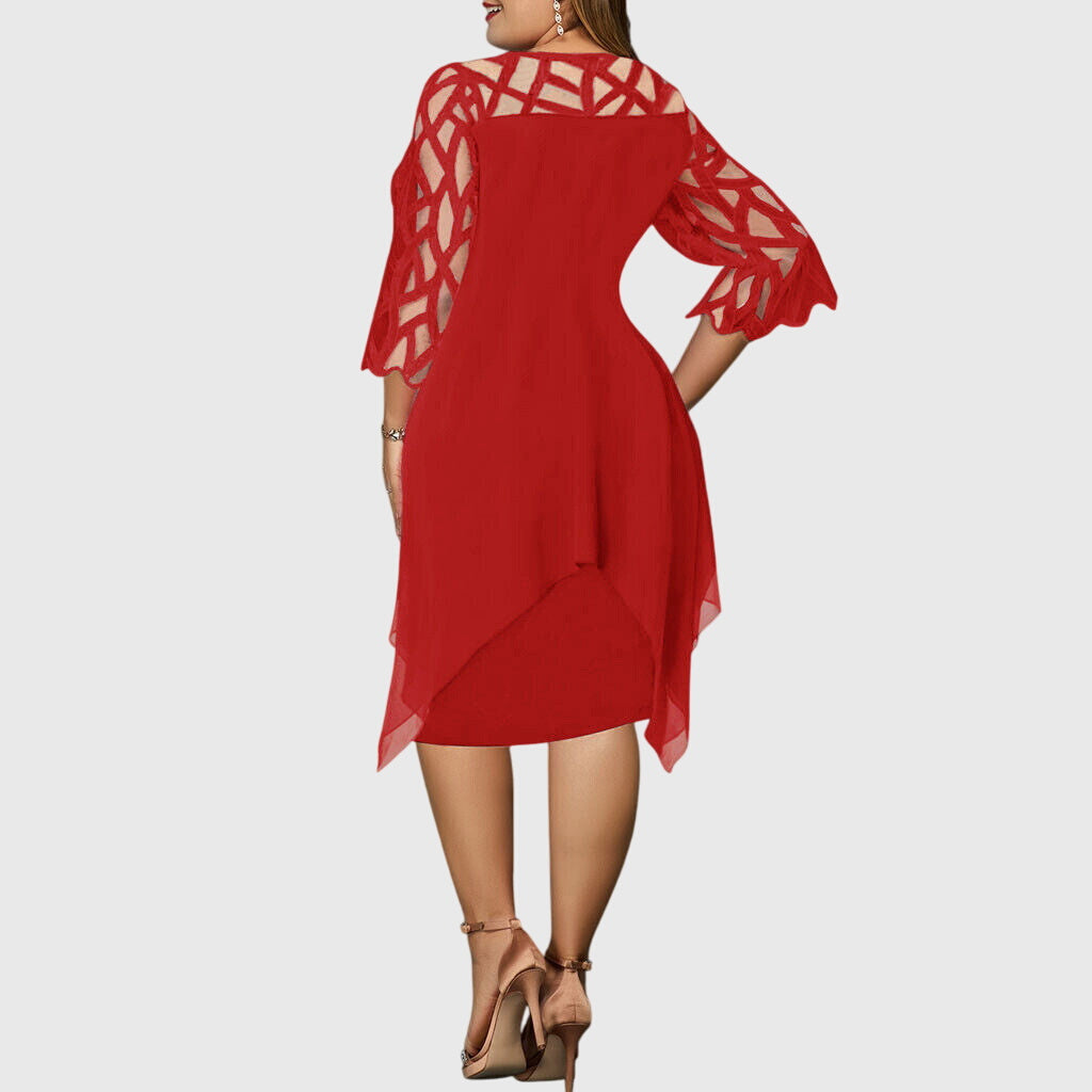 Calyvera | Elegant Chiffon Midi Dress with Lace Sleeves