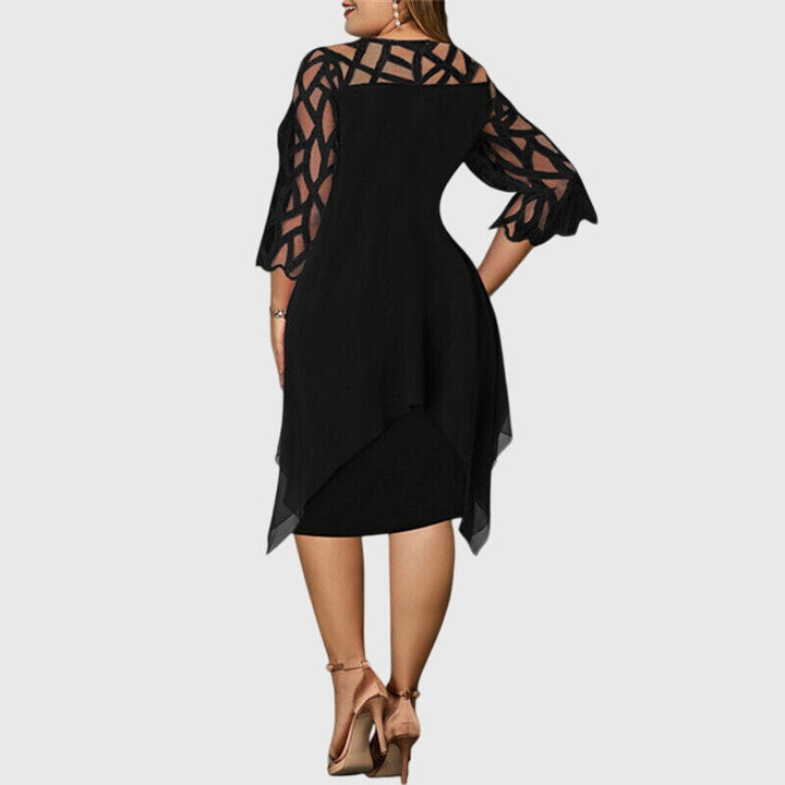 Calyvera | Elegant Chiffon Midi Dress with Lace Sleeves