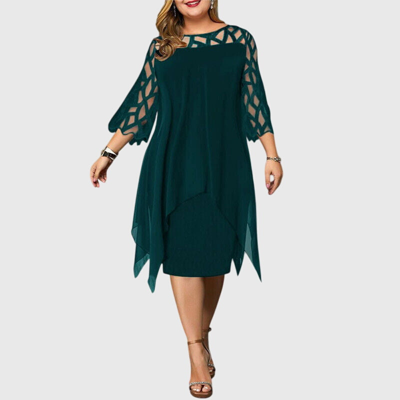 Calyvera | Elegant Chiffon Midi Dress with Lace Sleeves