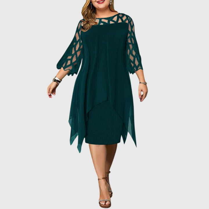Calyvera | Elegant Chiffon Midi Dress with Lace Sleeves