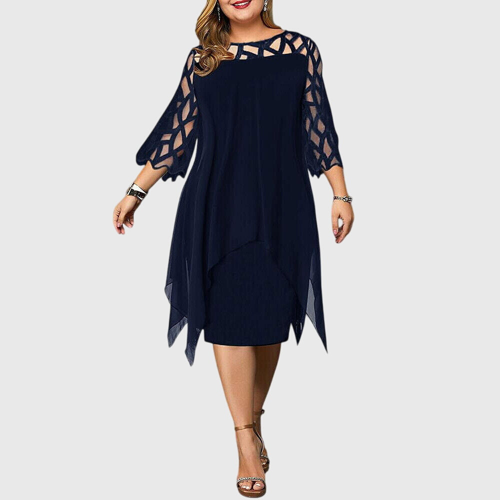 Calyvera | Elegant Chiffon Midi Dress with Lace Sleeves