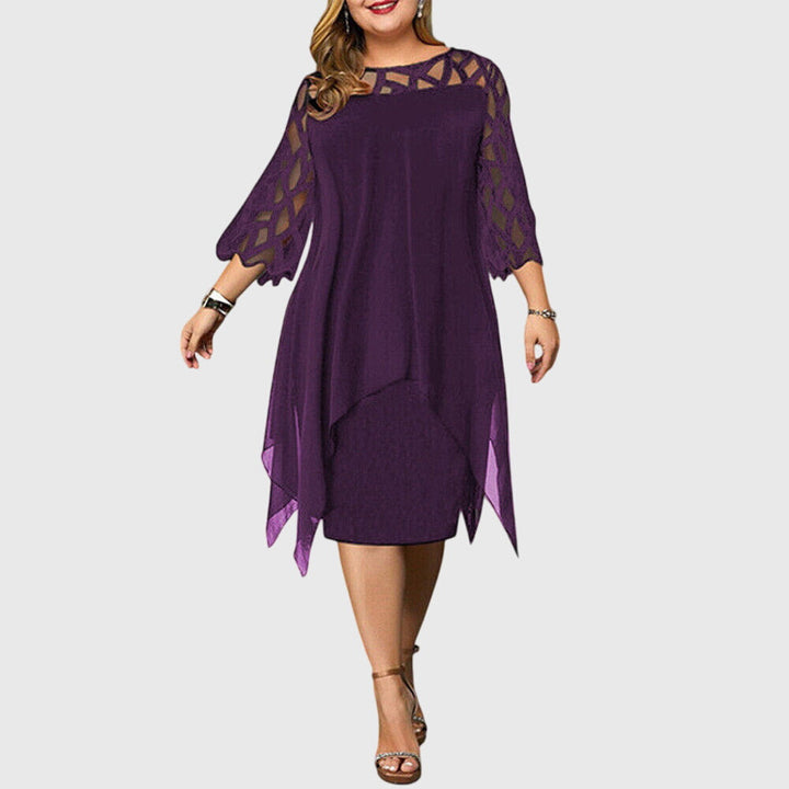 Calyvera | Elegant Chiffon Midi Dress with Lace Sleeves
