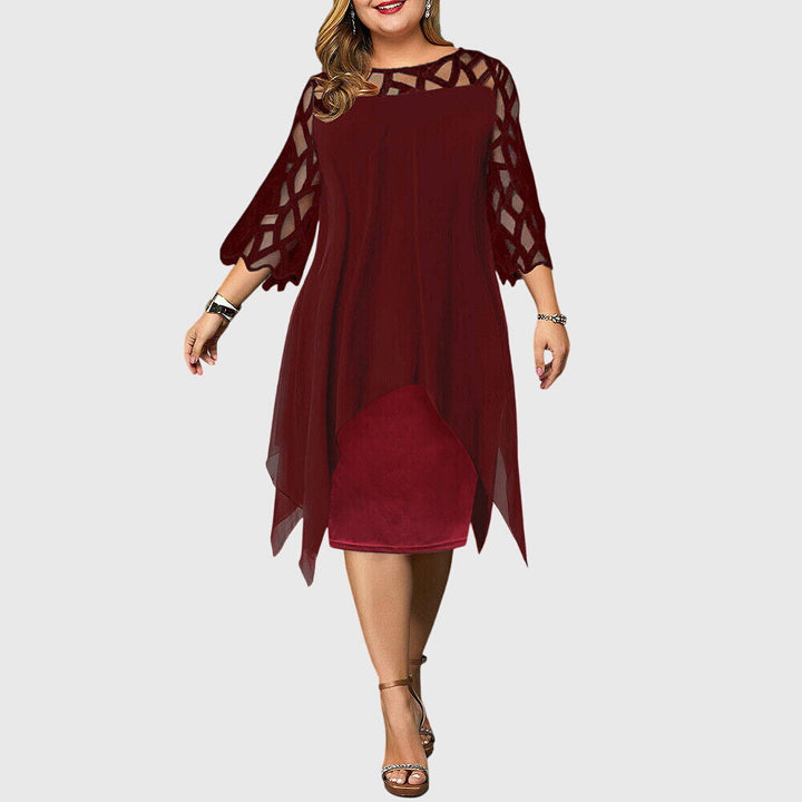 Calyvera | Elegant Chiffon Midi Dress with Lace Sleeves