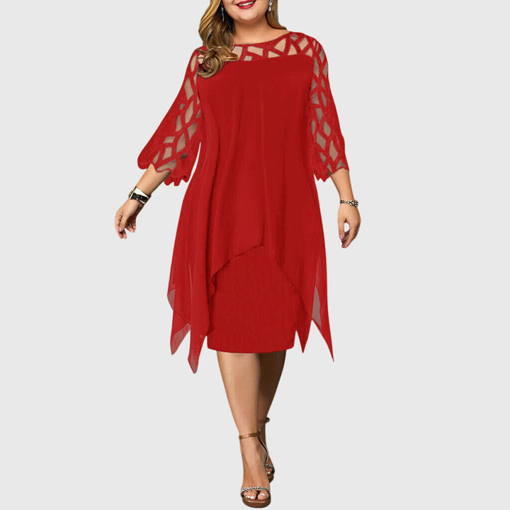 Calyvera | Elegant Chiffon Midi Dress with Lace Sleeves