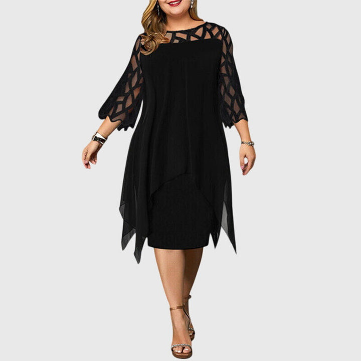 Calyvera | Elegant Chiffon Midi Dress with Lace Sleeves