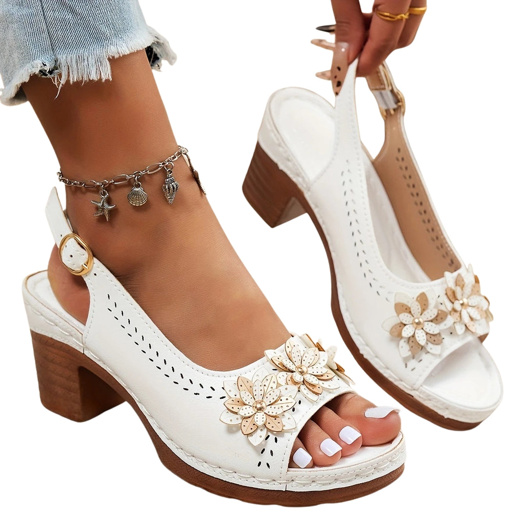 Camilya | Floral Peep Toe Sandals with Block Heel