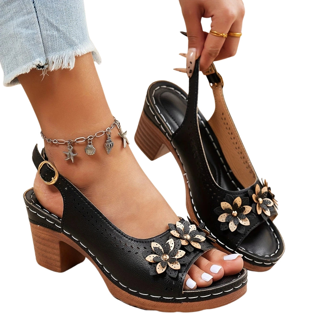 Camilya | Floral Peep Toe Sandals with Block Heel