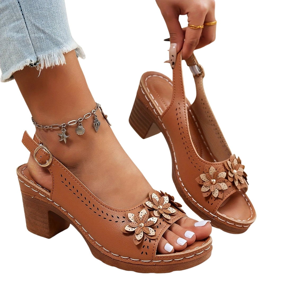Camilya | Floral Peep Toe Sandals with Block Heel