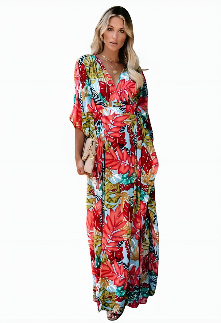 Cavyrella | Wedding Guest Floral Maxi Dress with Kimono Sleeves