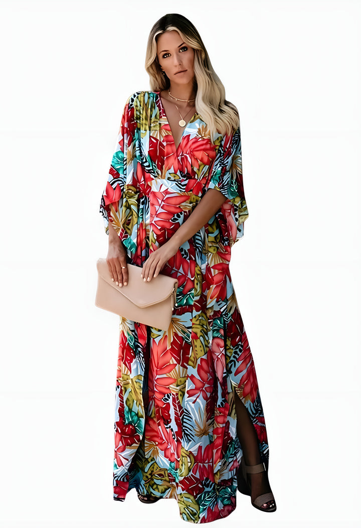 Cavyrella | Wedding Guest Floral Maxi Dress with Kimono Sleeves