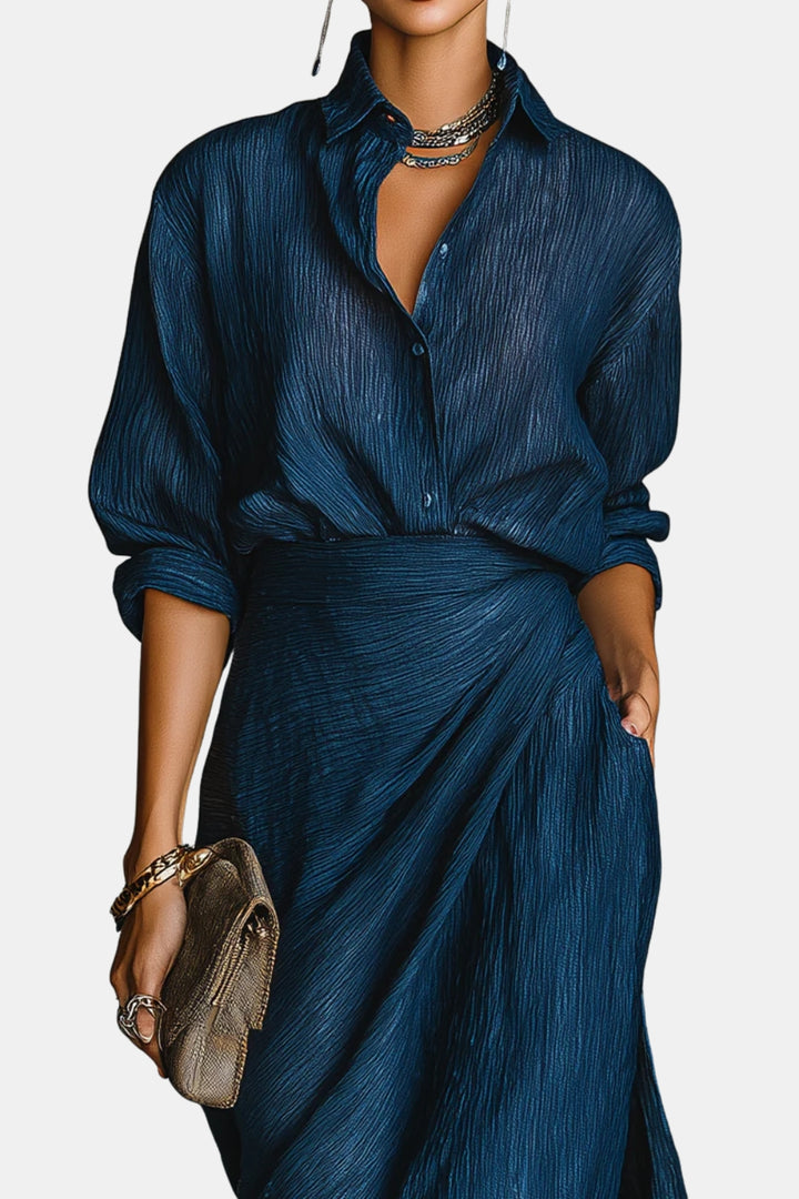 Clementine | Elegant Shirt and Draped Maxi Skirt Set