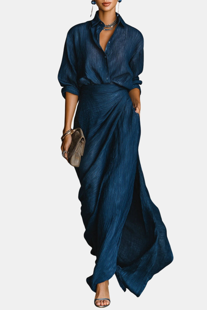 Clementine | Elegant Shirt and Draped Maxi Skirt Set