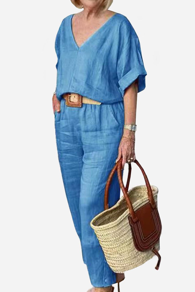 Colette | Chic Two Piece Set with V Neck Top and Straight Leg Pants