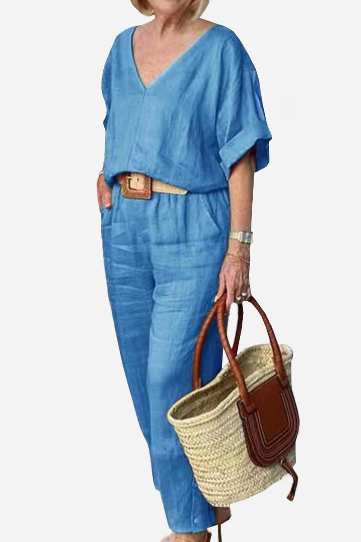 Colette | Chic Two Piece Set with V Neck Top and Straight Leg Pants