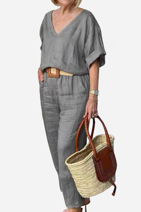 Colette | Chic Two Piece Set with V Neck Top and Straight Leg Pants