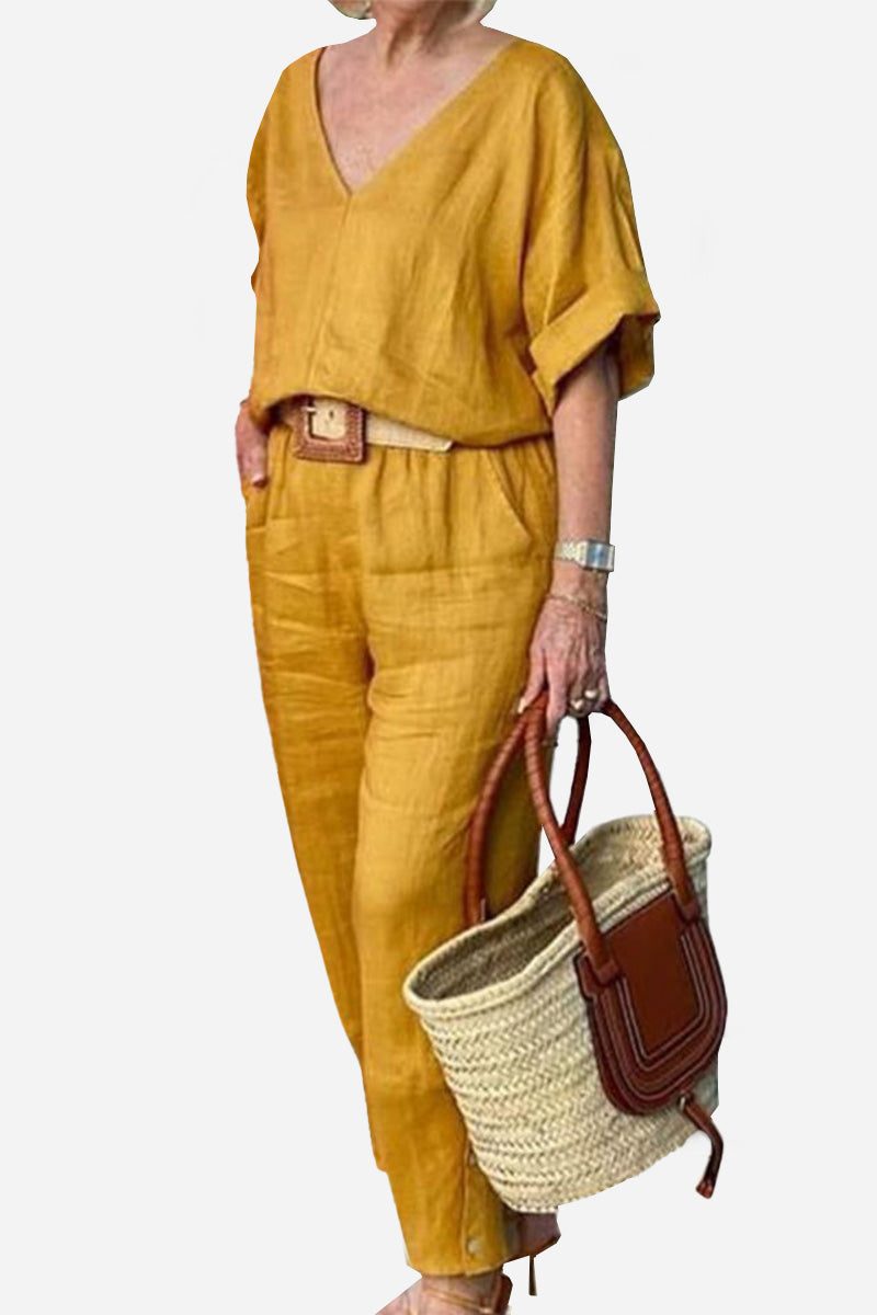 Colette | Chic Two Piece Set with V Neck Top and Straight Leg Pants