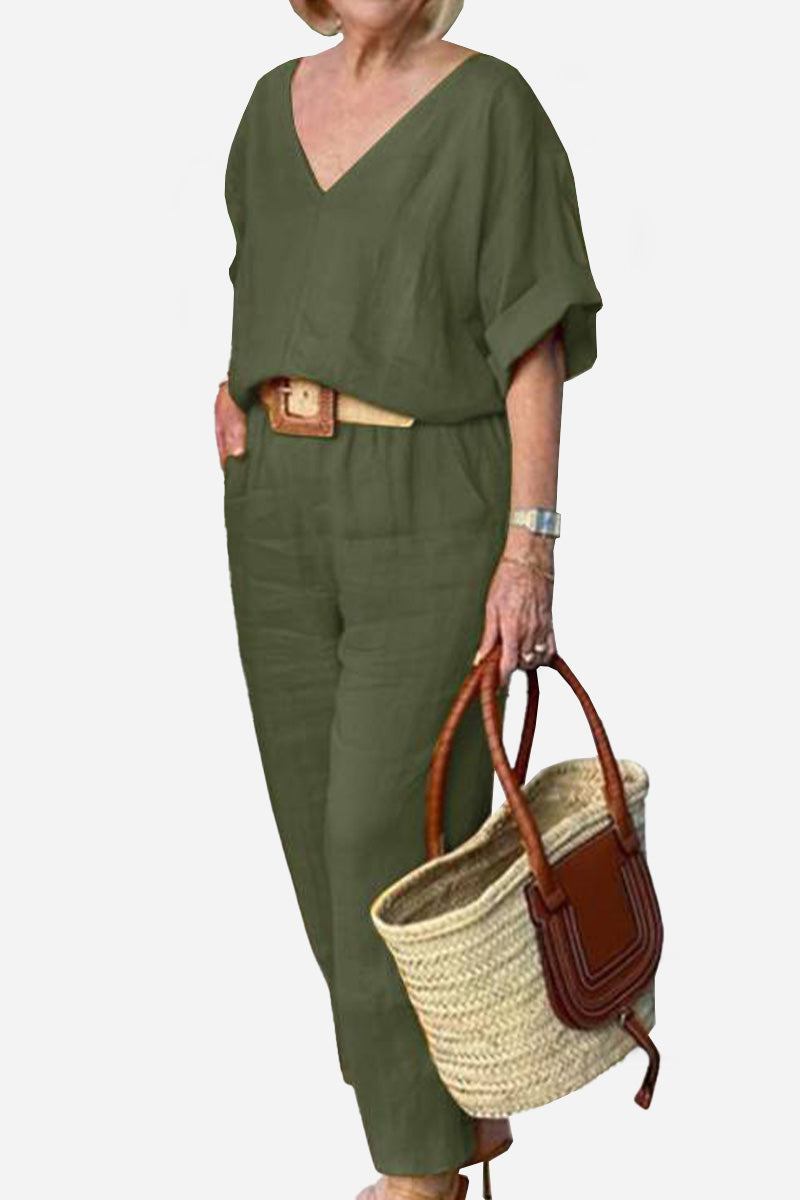 Colette | Chic Two Piece Set with V Neck Top and Straight Leg Pants