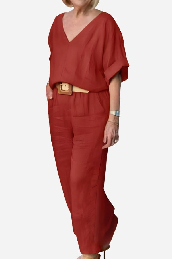 Colette | Chic Two Piece Set with V Neck Top and Straight Leg Pants