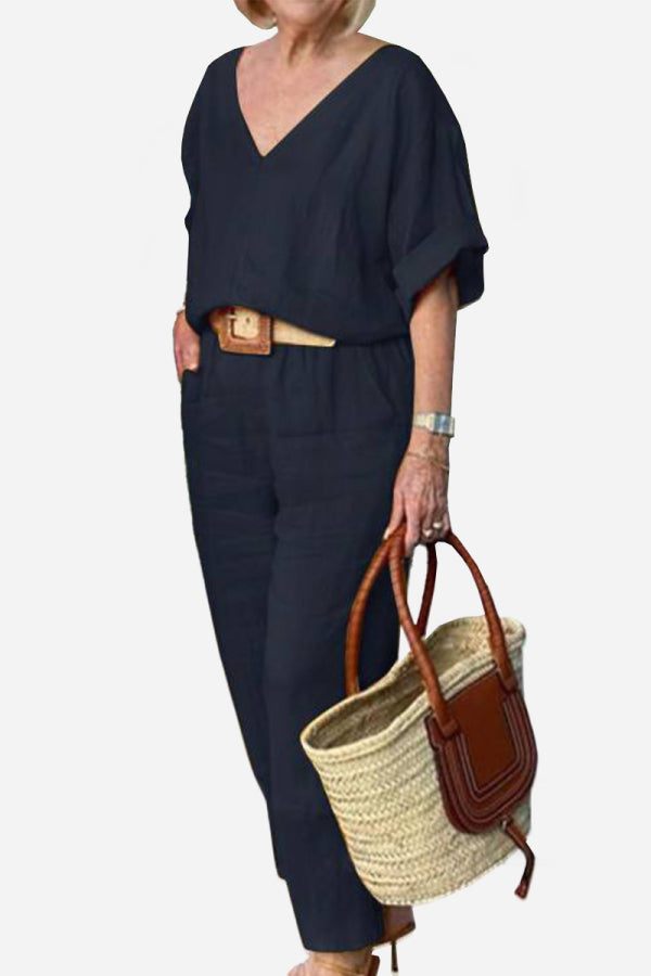 Colette | Chic Two Piece Set with V Neck Top and Straight Leg Pants