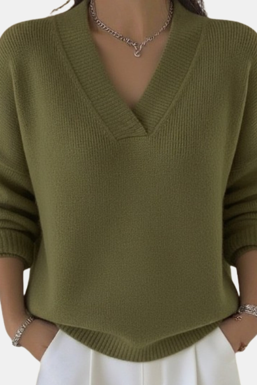 Collinsa | Classic V Neck Sweater with Ribbed Trim