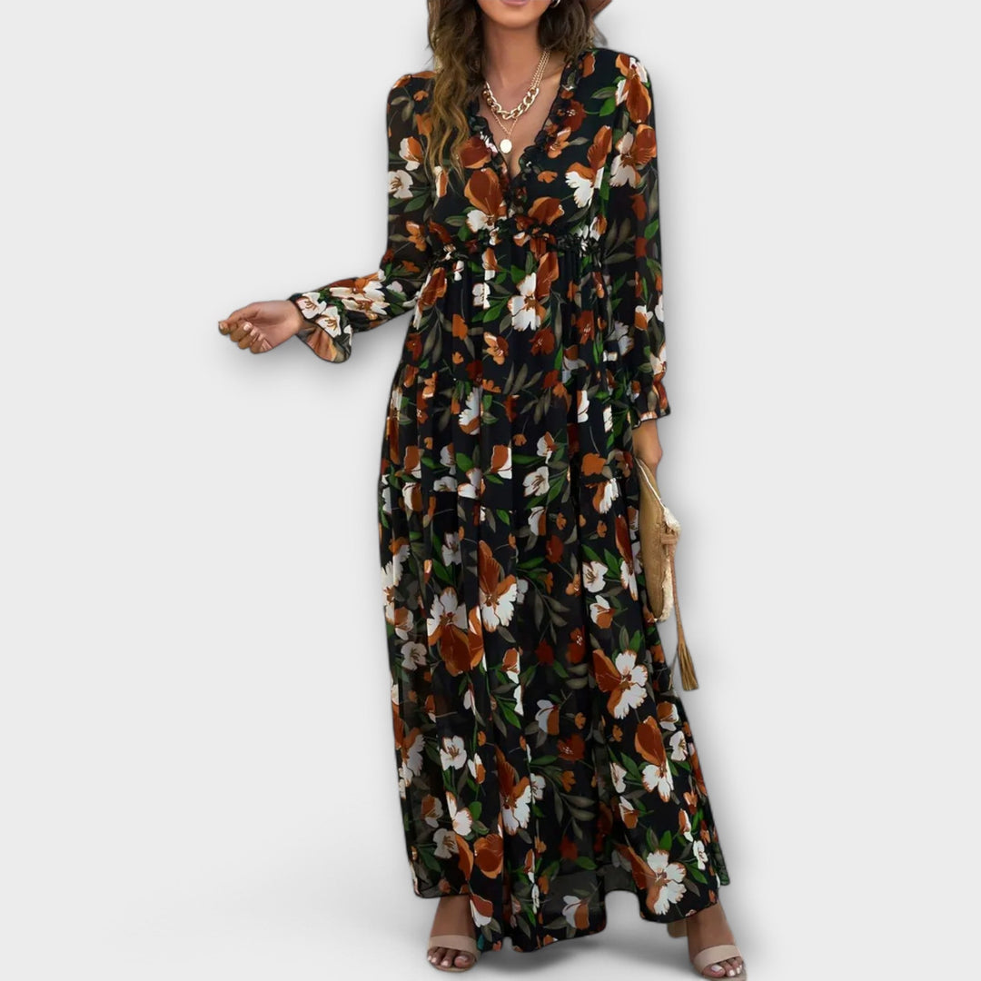Corlyssa | Floral Maxi Dress with Ruffle V-Neck