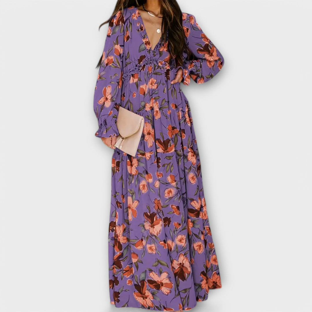 Corlyssa | Floral Maxi Dress with Ruffle V-Neck