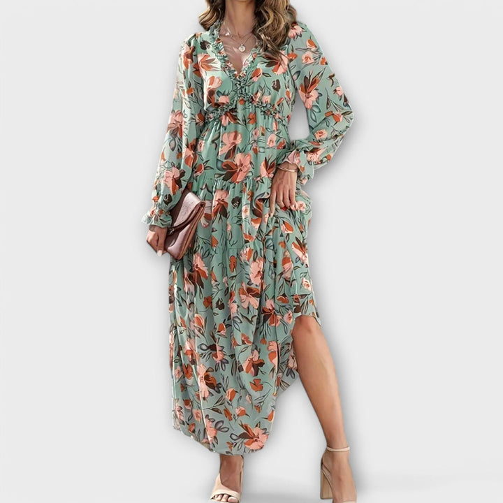 Corlyssa | Floral Maxi Dress with Ruffle V-Neck