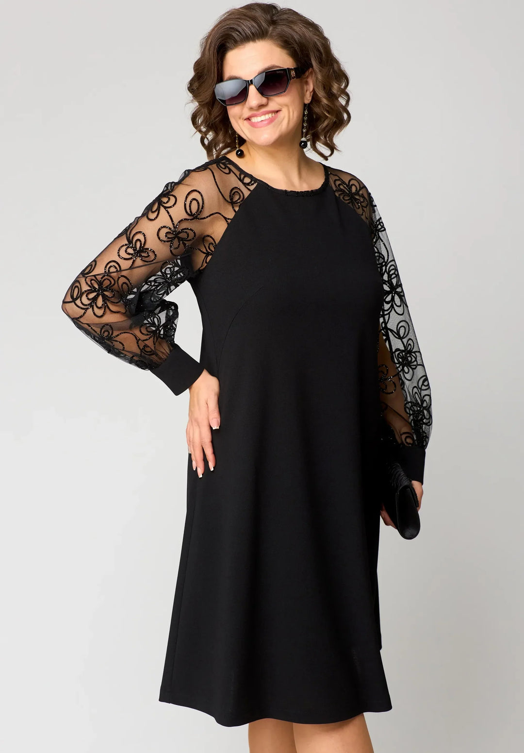 Cyneria | Elegant A-Line Dress with Sheer Lace Sleeves