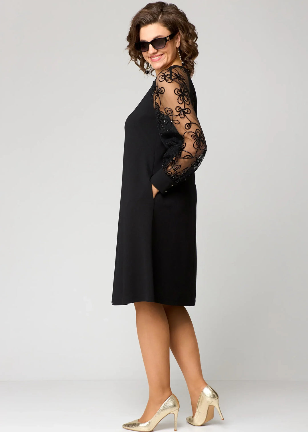 Cyneria | Elegant A-Line Dress with Sheer Lace Sleeves