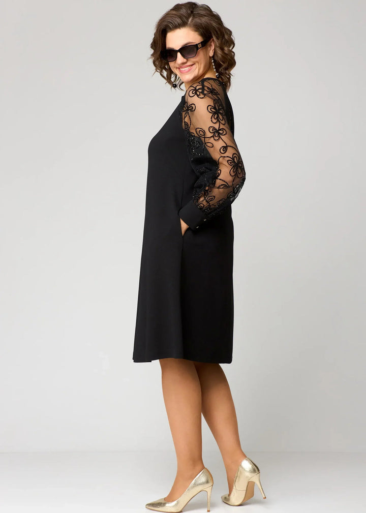 Cyneria | Elegant A-Line Dress with Sheer Lace Sleeves