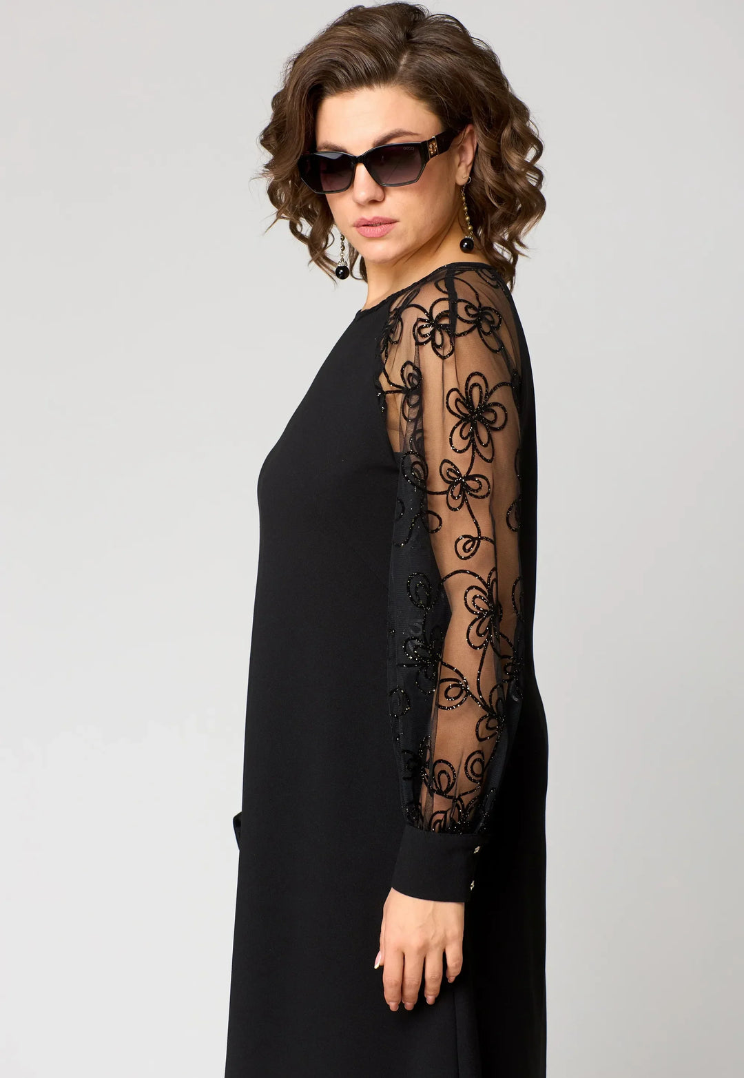 Cyneria | Elegant A-Line Dress with Sheer Lace Sleeves