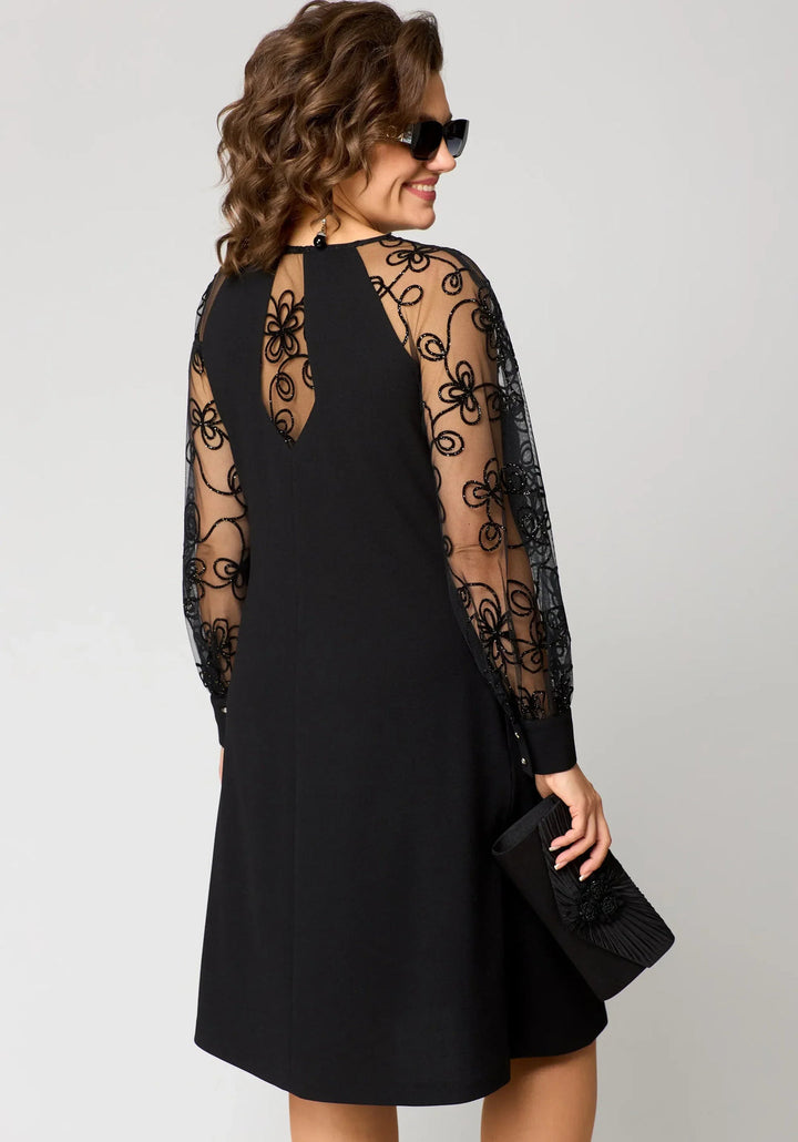 Cyneria | Elegant A-Line Dress with Sheer Lace Sleeves