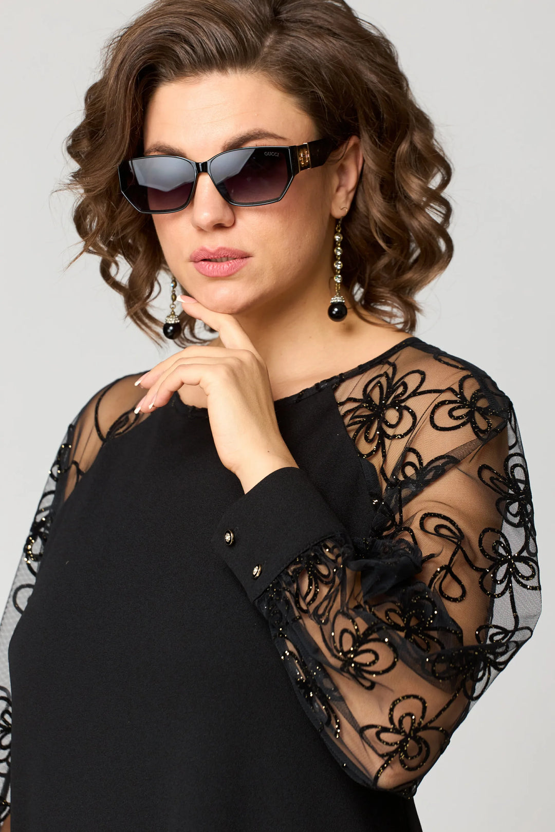 Cyneria | Elegant A-Line Dress with Sheer Lace Sleeves