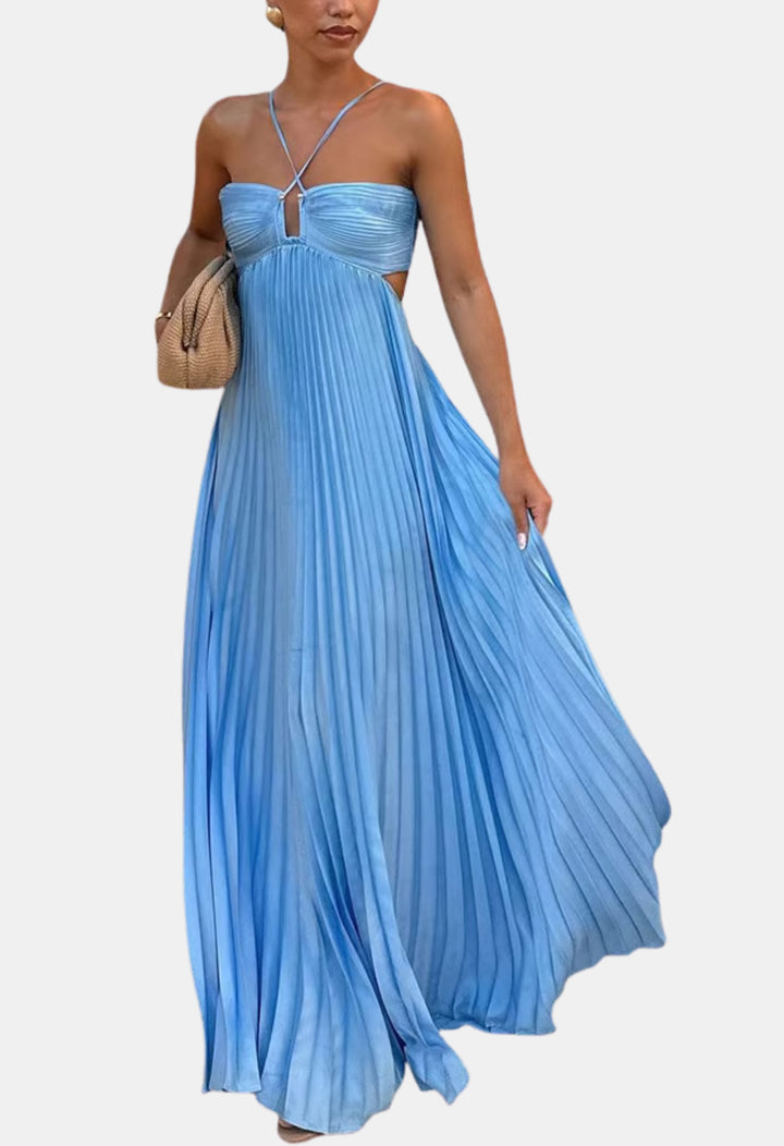 Cyravelle | Wedding Guest Pleated Halter Maxi Dress
