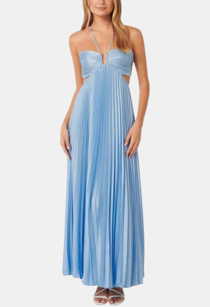 Cyravelle | Wedding Guest Pleated Halter Maxi Dress