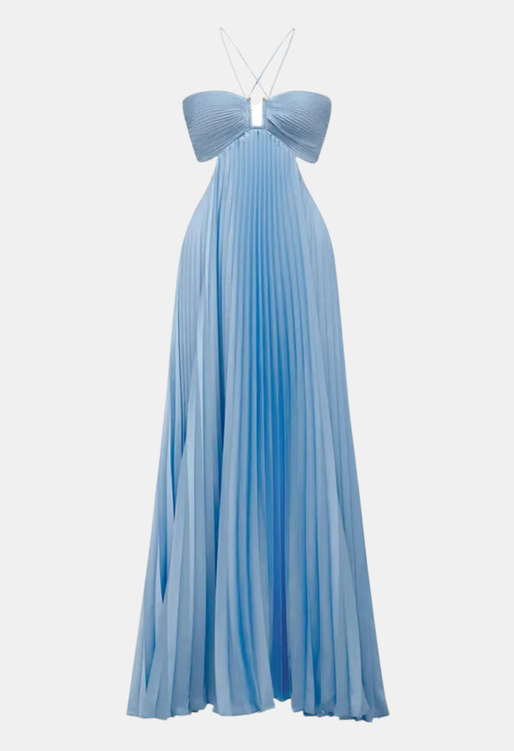Cyravelle | Wedding Guest Pleated Halter Maxi Dress