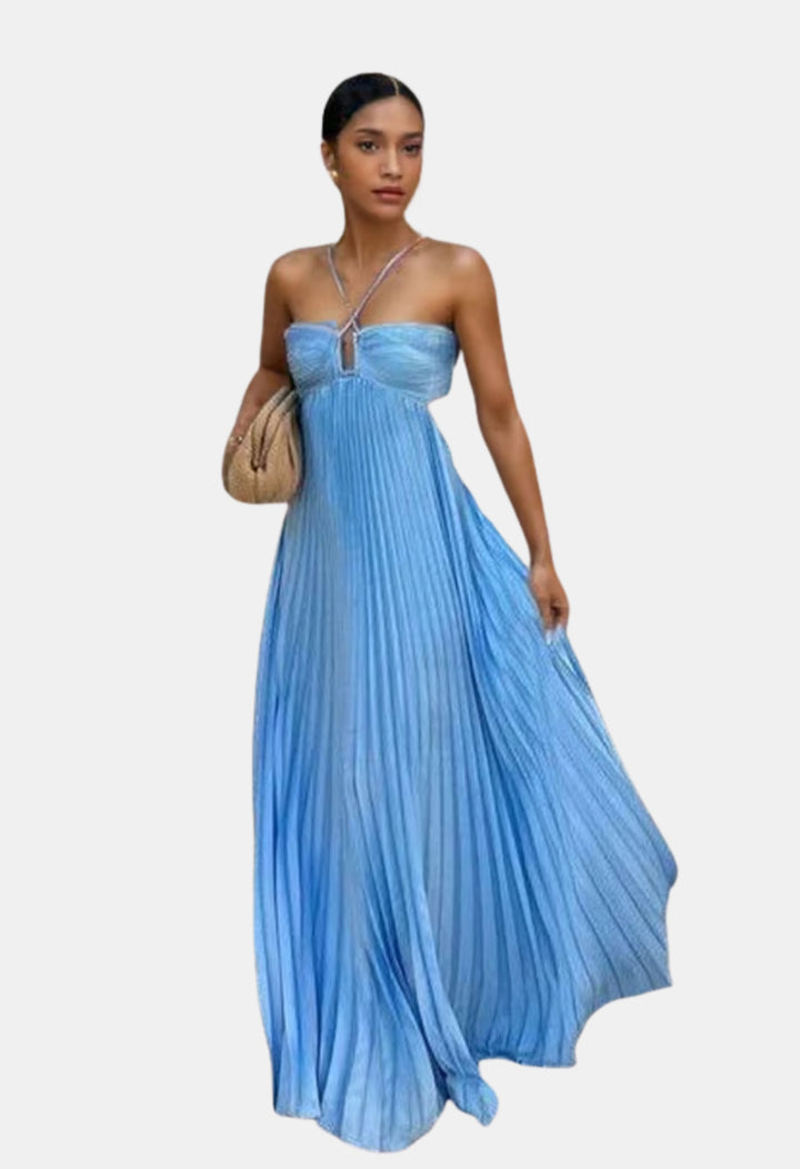 Cyravelle | Wedding Guest Pleated Halter Maxi Dress