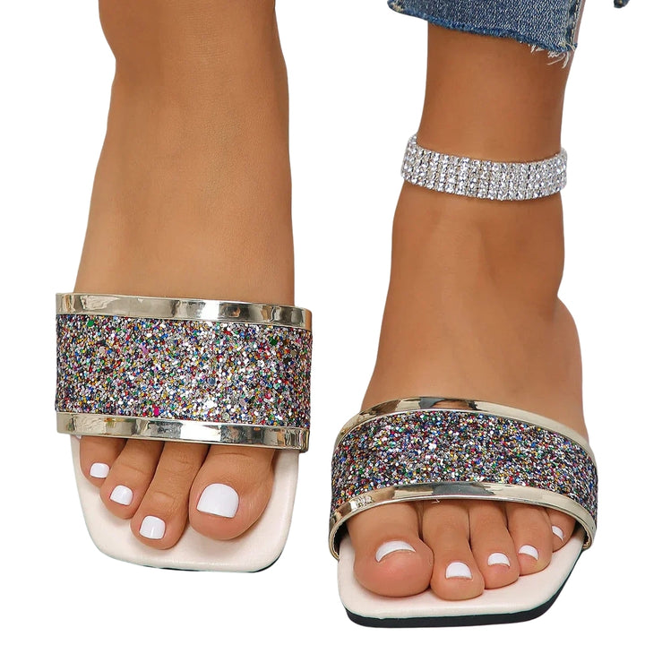 Cyrene | Glitter Slide Sandals with Metallic Trim