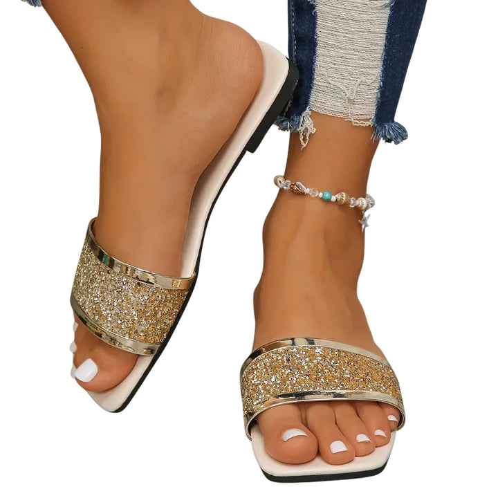 Cyrene | Glitter Slide Sandals with Metallic Trim