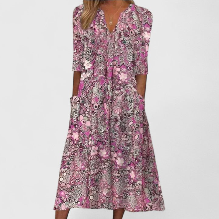 Daryelle | Floral Midi Dress with V-Neck and Pockets