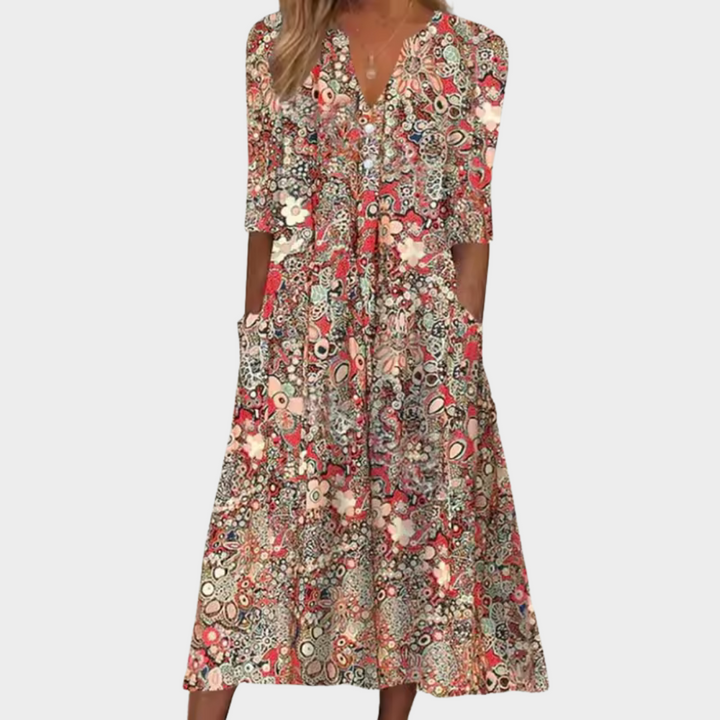 Daryelle | Floral Midi Dress with V-Neck and Pockets