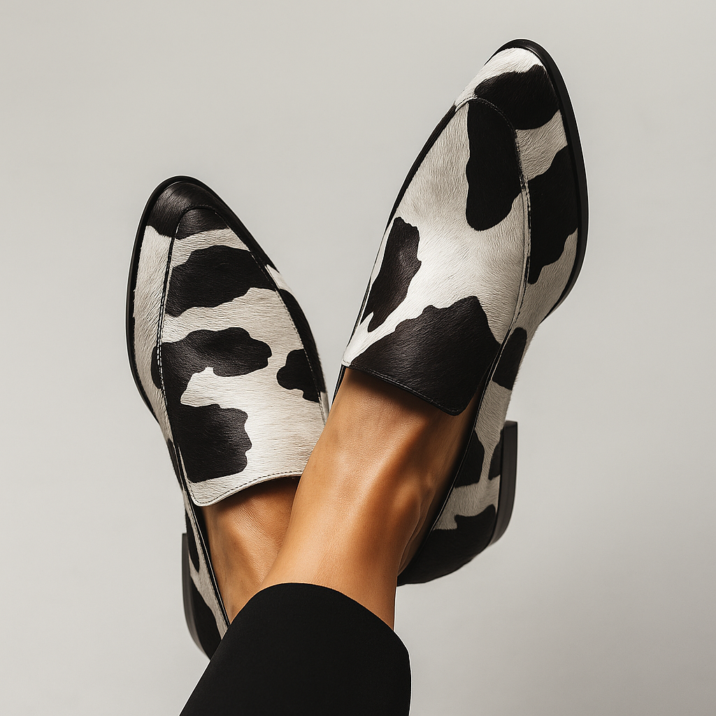 Delilah | Classic Cow Print Loafers with Slip On Design