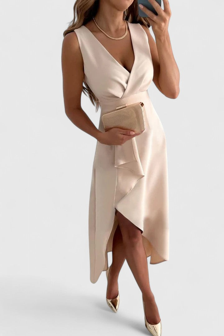 Delviera | Chic Wrap Midi Dress with Asymmetrical Hem